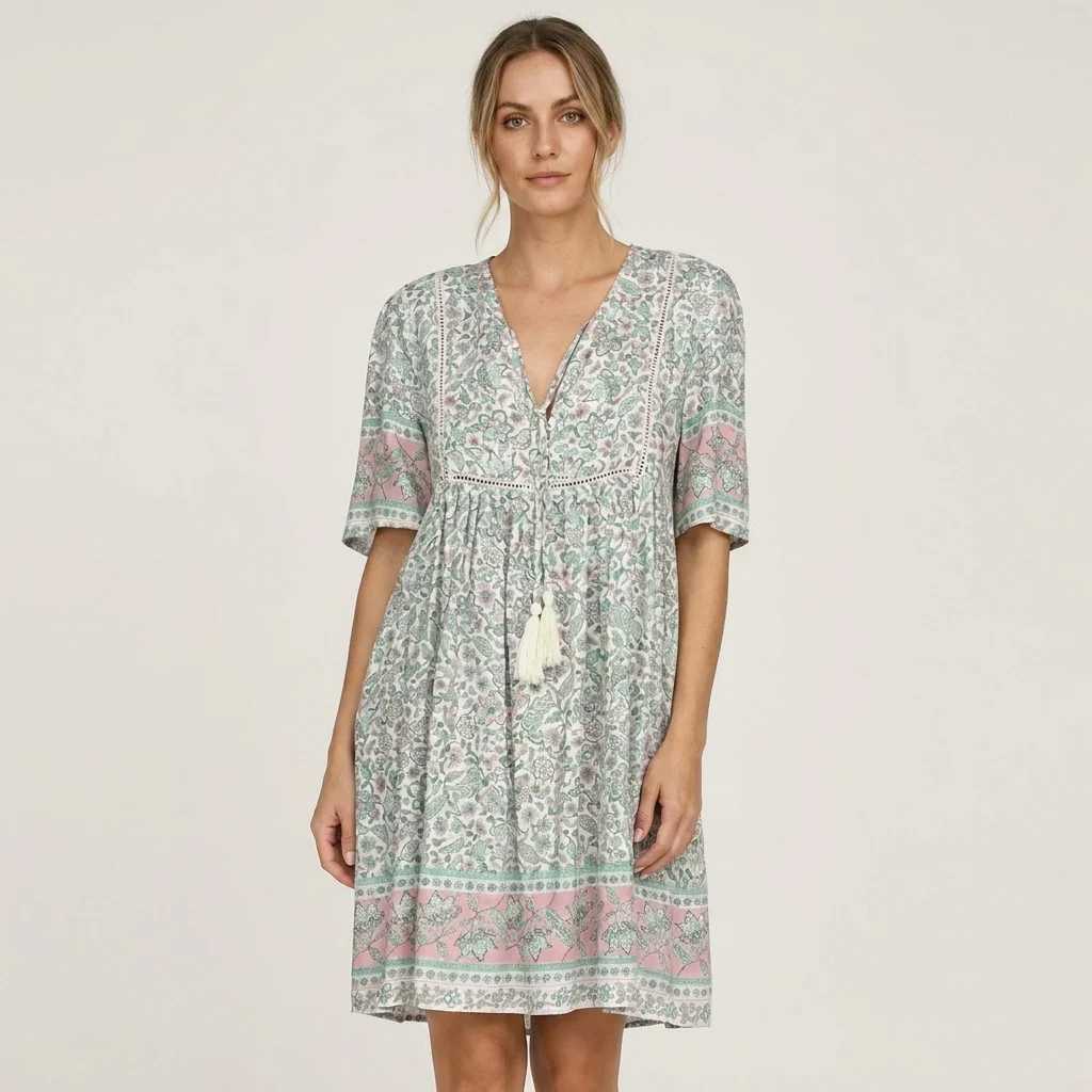 Abfallendes Kleid mit V-Ausschnitt und Druck – Bild 4